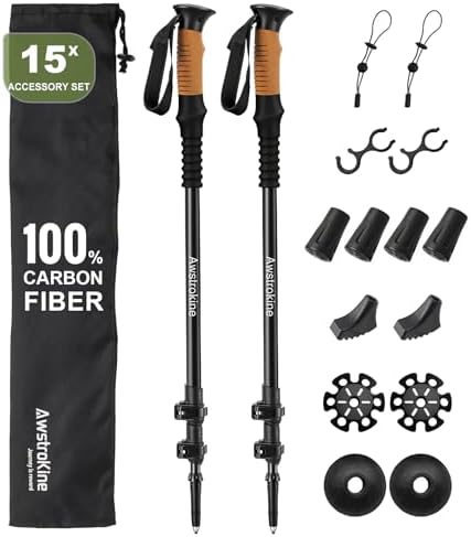 Lot de 2 Bâtons de Randonnée 100% Fibre de Carbone - Trekking Ult...