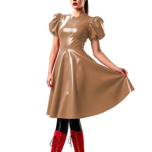 Robe de soirée en cuir PVC à manches bouffantes plissée style high street