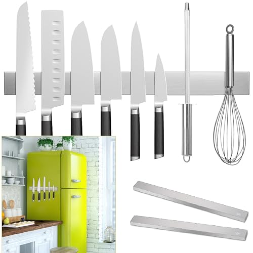 Image of Rymmzone 2 PCS Knife Magnetic Strip no Drilling (Refrigerator Applicable), 17 inch Magnetic Knife Holder for Wall, Premium Stainless Steel Magnetic Knife Bar, Used as Tool Holder, Knife Rack, and More