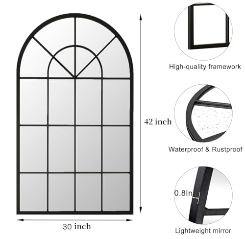 Image of Dewfig Arched Wall Mirror, 42 inchx30 inch Metal Frame Windowpane Mirror, Black