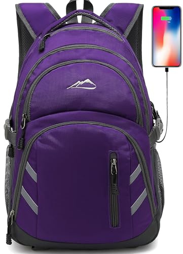 ProEtrade Backpack Bookbag for College Laptop Travel Fit Laptop Up to 15.6 inch with USB Charging Port Multi Compartment Anti theft Gift for Women Men (Purple)