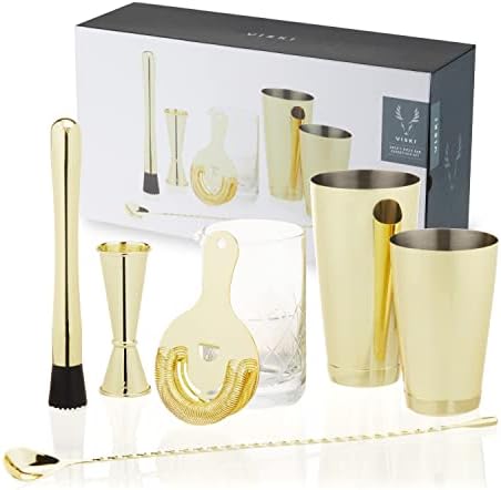 Viski Bartender Kit for Mixed Drinks and Cold Brew Cocktails, Includes Boston Cocktail Shakers, Mixing Glass, Jigger, Muddler, Strainer, Bar Spoon for Home Bar Tools, Bartender Gifts, 7-Piece, Gold - Thumbnail 5