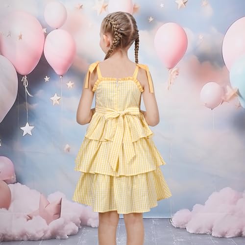 Sunny Fashion Girls Dress Spaghetti Gingham Ruffle Light Yellow Plaid Casual4