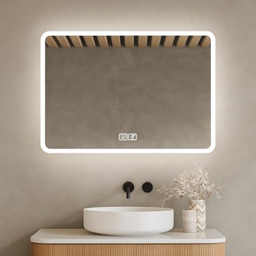 Bayt Espejo de baño con Luz 75 x 52 cm - Espejo con Luces 3 Modos LED - Interruptor Táctil - Anti Condensación