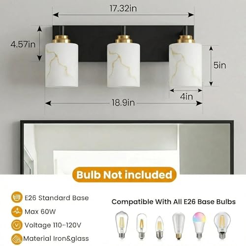Image of 3-Light Bathroom Light Fixture, Black and Gold Modern Vanity Light with White Marble Glass Shade, for Bathroom Mirror, Living Room, Bedroom, Hallway, E26 Base, Extended Base