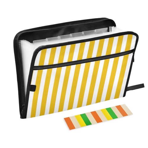 ALAZA Yellow White Striped 13 Pocket Expanding File Folder with Labels, Accordion File Folder File Organizer Letter A4 Paper for Office School Student