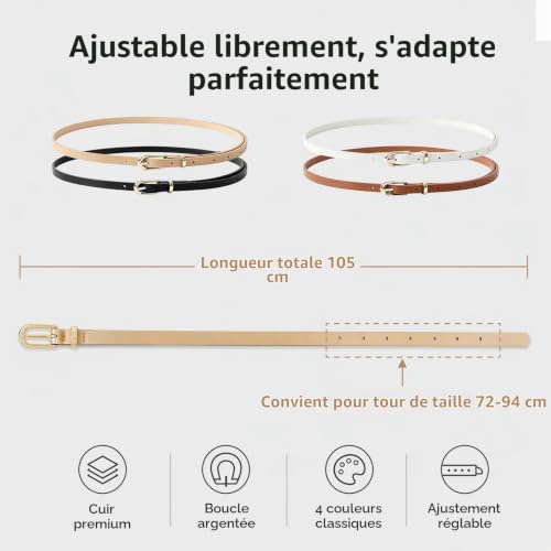 YAMIQUI 4PCS Ceintures Cuir Femme Fine avec Boucle Dorée Métal Ajustables – vue 2