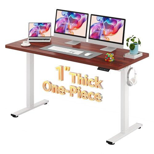 Image of SANODESK Electric Standing Desk 60 x 24 Inches Whole-Piece Desktop Height Adjustable Stand Up Desk w /6-Button Controller Ergonomic Computer Desk for Home Office, White Frame + Mahogany Tabletop