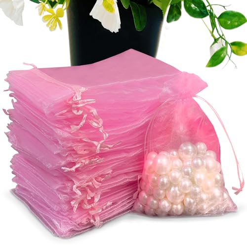 Image of SIAGCRAW Organza Bags 4 inchx6 inch, 100Pcs Small Mesh Drawstring Pouches | Pink Organza Bags for Jewelry, Candy, Party Favors, Small Sachet Wrap, Storage Supplies