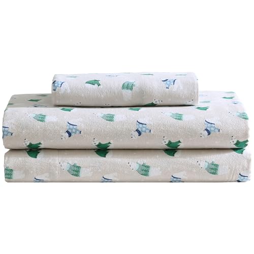 Beatrice Home Fashions 3-Piece Winter Holiday Flannel Sheet Set, Soft, Cozy, 100% Cotton, 15-inch Deep Pockets, Twin, Holiday Bears Light Grey