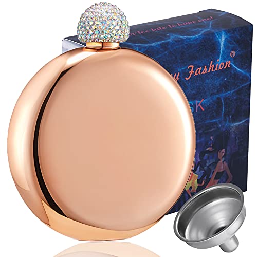 Booze Shot Flask For Women- Ab Crystal Lid Creative 304 Stainless Steel Wine Alcohol Liquor Flask For Women Girls Men Party Hand Size Hip Flask Glitter Coating Whiskey Flasks-5Oz (Rose Gold) #TOP28