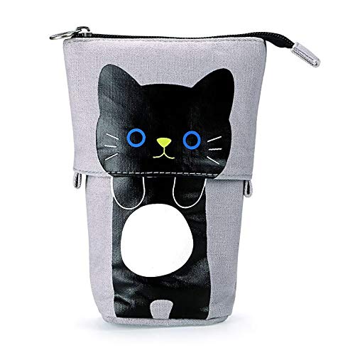Cute Carton Stand up Pencil Holder,Canvas Pen Pencil Case Organizer Transformer Stand Store Pencil Case Box, Telescopic Stationery Pouch Bag with Zipper Closure for Boys Girls Students (Black)