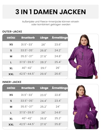 donhobo Damen 3-in-1 Jacke Fleecejacke wasserdichte Winddichte Skijacke Winterjacke Wanderjacke Softshelljacke Regenjacke mit Kapuze Lila L
