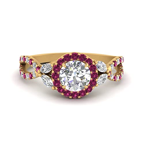 Image of Choose Your Gemstone Floral Split Shank Halo Engagement Ring Yellow Gold Plated Round Shape Split Shank Engagement Ring Lightweight Office Wear Everyday Gift Jewelry US Size 4 to 12