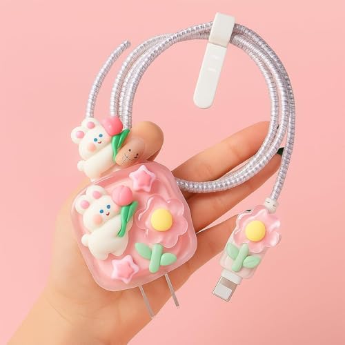 Image of Dezet for iPhone Charger 18-20W Cute Cartoon Charging Cable Protector Set for iPhone Fast Charging USB Cable with Protective Silicone Cover & Organizer Clip Stylish Design (STYL 3rd Cimemaroll Pink)