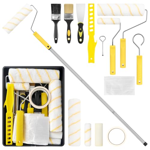 Image of Paint Roller Set,19 Pieces 9" + 4" Paint Rollers and Trays Set with 1.5m Extension Pole, Paint Brush, Frames and Paint Tray for Painting Walls, Ceiling, Wall Paint Roller Home Painting Kit (Yellow-2)
