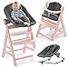 Hauck Alpha Plus Newborn Set mit Premium Bouncer - Baby Holz Hochstuhl ab Geburt mit Liegefunktion - extra flacher Aufsatz für Neugeborene & Baumwolle Sitzpolster - Rosa Dunkelgrau