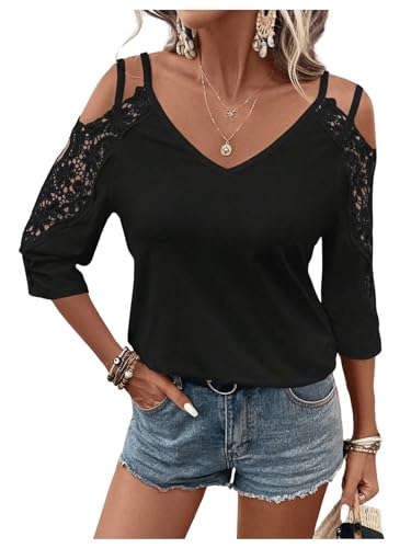 MakeMeChic Women's Guipure Lace V Neck Tee Shirts Cut Out Cold Shoulder 3/4 Sleeve Tops
