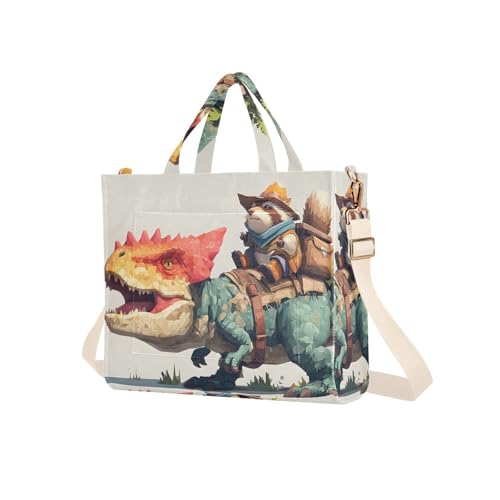 Women Tote Bag Raccoon and Dinosaur Print, Corduroy Fabric Shoulder Handbags with Detachable Strap S2