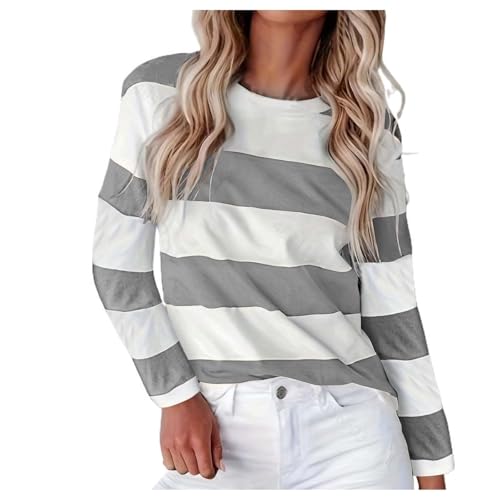 YSHUNL Long Sleeve Shirts for Women Striped Crewneck Shirt Ladies Casual Travel Trip Going Out Beach Vacation Streetwear Office Work Job (Grey, S)