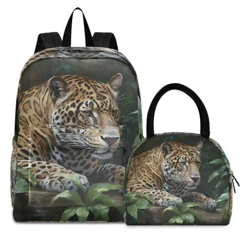 Backpack Lunch Box Set Large Capacity Travel Backpacks and Insulated Lunch Bag for Commute Hiking Picnic Leopard in Jungle Print