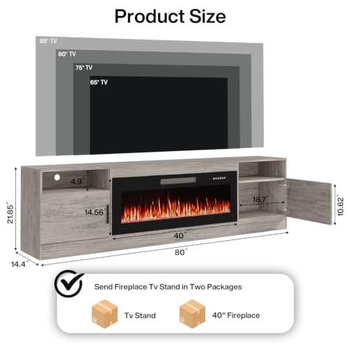 Image of Waleaf 80 inch Fireplace TV Stand with 40 inch Electric Fireplace,20 Colors LED Lights Entertainment Center for Living Room,Large High Gloss TV Console Cabinet for Televisions up to 90+ Inch