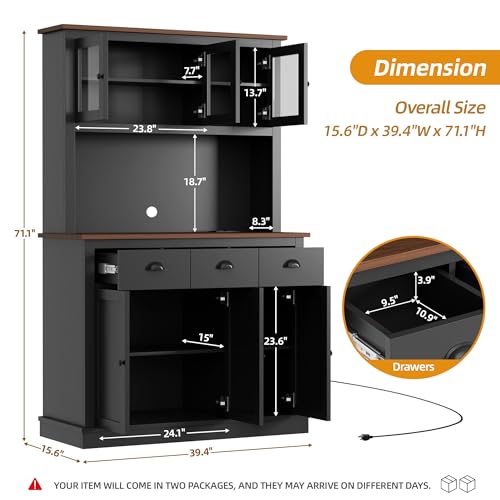 Image of 71 inch Kitchen Hutch with Charging Station, Tall Pantry Storage Cabinet with Microwave Stand, Adjustable Shelves, Slide Drawers, Large Buffet Pantry Cabinet for Kitchen, Dining Room, Black