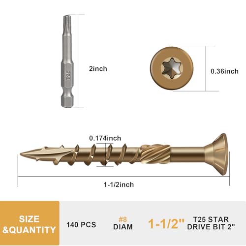 Image of Deck Screws 1-1 /2 Inch, Wood Screws #8x1-1 /2 inch, 140 Pcs Golden Brown | Rust Resistant Epoxy Coated, Outdoor Wood Screws, Torx Screws Exterior Fence Screws, T25 Star Bit Included 1 lbs