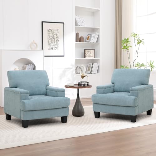 Image of Accent Chair Set of 2, Modern Upholstered Reading Living Room Chairs with Storage Armrest, Comfy Large Armchair, Fabric Single Sofa Chair for Bedroom (Green)