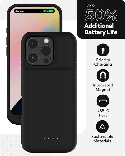 Image of Mophie Juice Pack Battery Case for iPhone 16 Pro - Slim Charging Case, Magnetic Back for Wallets & Mounts, +50% Extra Battery Life, Enhanced 6-Foot Drop Protection, Sustainable Material, Black