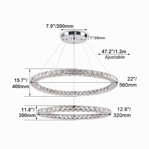 Miniatura 4 de Finktonglan Candeliers De Cristal Luz De Colgante Ovalado Moderno 2 Anillos Led Forma Ajustable, Lámparas De Iluminación Colgante De 60 Cm Para Dormitorio De Comedor 6500k Blanco