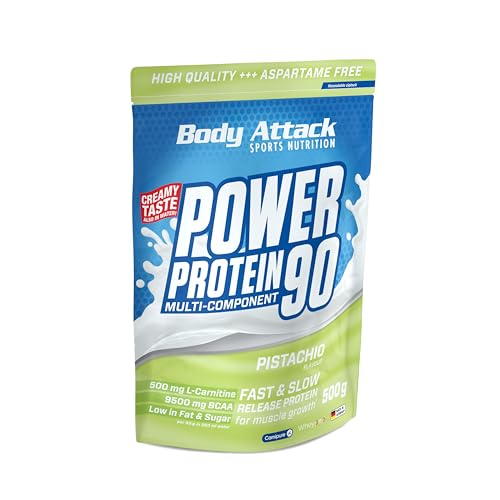 Body Attack POWER PROTEIN 90 - Pistazie - 500g Beutel - Mehrkomponenten Protein Pulver, Made in Germany - Mit BCAA, Vitaminen & L-Carnitin - Protein Shake extra cremiger Geschmack, gute Löslichkeit