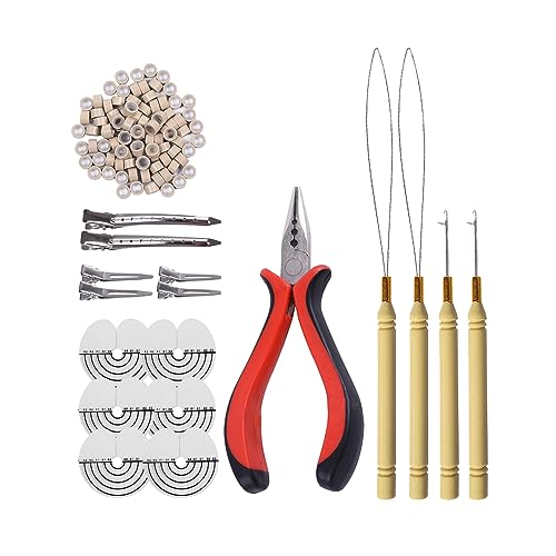 200 Pcs Silicone Rings Hair Extensions Tools Kit: Three-hole Hair Pliers, Pulling Hook Needle, Loop Threader and Silicone Micro Links Rings Beads (Gray blonde)