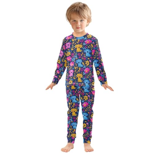 Cute Dogs and Flowers Pattern Cute Pajama Sets Long Sleeve Top and Pants, Snug Fit Sleepwear for Night Wears3
