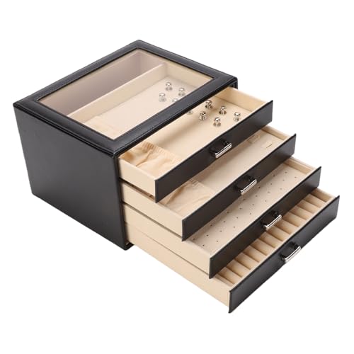 Riuulity Caja de Almacenamiento de Joyas de Gran Capacidad, Organizador de Cuero de PU de 4 Capas con Cajones, Diseño de Ventana Transparente, Forro de Terciopelo Suave para Collares y (BLACK)
