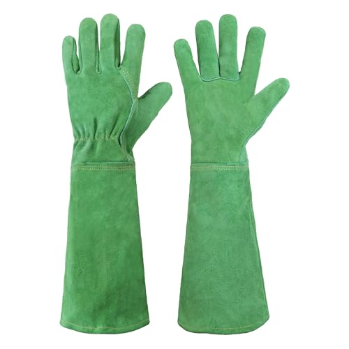 Image of HANDLANDY Leather Gardening Gloves, Thorn Proof Long Gauntlet Heavy Duty Garden Gloves, Elbow Length Rose Pruning Weeding Yard Glove (Medium, Green) | Long Leather Gardening Gloves, Breathable Leather Gauntlet, Best Garden Gifts & Tools for Gardener (Green, M)