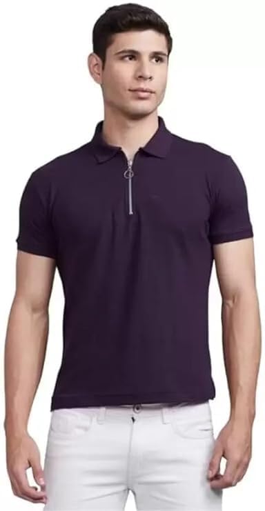 Image of Solid Polo T-Shirt Zip Collar Cotton Blend Half Sleeves for Men's