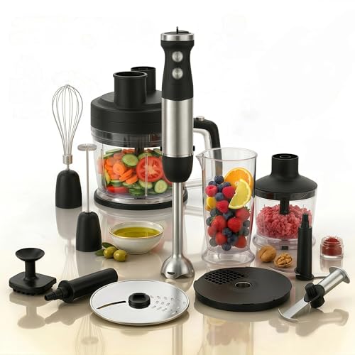 ELECVIVA batidora de mano 9 en 1 1500W, Picadora 2L + batidor, gancho, picadora carne, triturador patatas, discos corte (dados, rodajas, rallar), espumador leche (Plata)