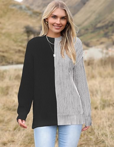 Image of Zeagoo Women 2026 Fall Lightweight Oversized Sweater Crew Neck Long Sleeve Color Block Pullover Rib Knit Blouse Tops XS-2XL