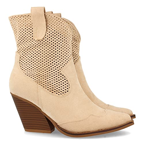 shoes&blues.es 62673 Botin de Tacon para Mujer, Comodo, con Calados en Cana, Punta Fina, y Cierre de Cremallera, Primavera Verano 2022. Talla 37 Beige