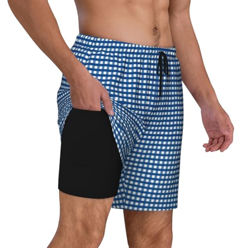 Blue Gingham Print Men's Swim Trunks Compression Liner Quick Dry Shorts Bathing Suits with Pockets2