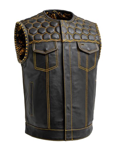 First Mfg Co Hornet Men's Motorcycle Premium Vest, Beehive Stitch, Rolled Collar, Conceal Carry Pocket, Honeycomb Quilted Top