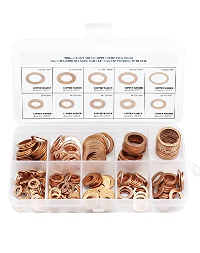 QWORK® Copper Washers Assorted Kit, 200 Pcs Flat Copper Sealing Washers - M5, M6, M8, M10, M12, M14, Bronze - Image 2