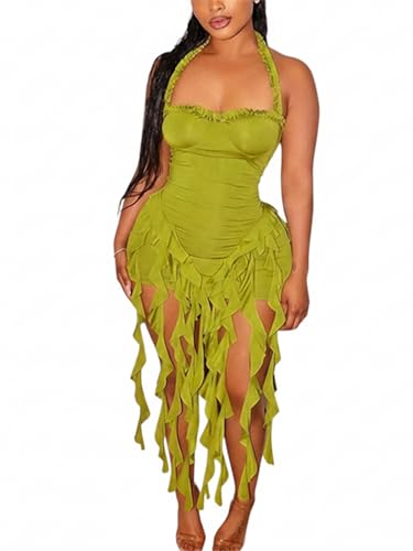 Image of Women's Summer Mini Dress Sexy Halter Backless Ruffle Fringe Bodycon Short Dress Cocktail Party Beach Vacation Sundress