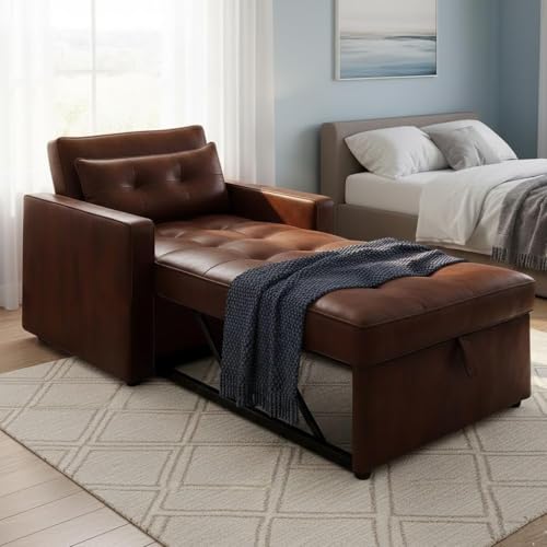 Image of FURNY Tressa 1 Seater Leatherette Pull-Out Sofa Cum Bed Set (Dark Brown) Premium Finish | Comfortable & Durable | Ideal for Living Room