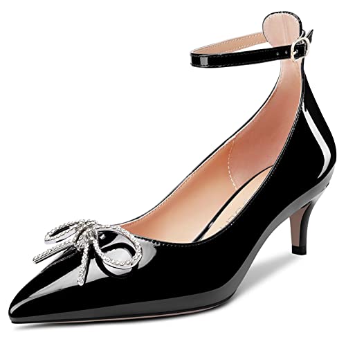 HDEUOLM Women Stiletto Mid Heel Pointed Toe Pumps Ankle Strap Bow-Knot Party Cute 2.0 Inches Heels
