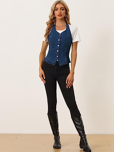 Allegra K Denim Vest for Women's Halter Neck Button Down Backless Jean Waistcoat4