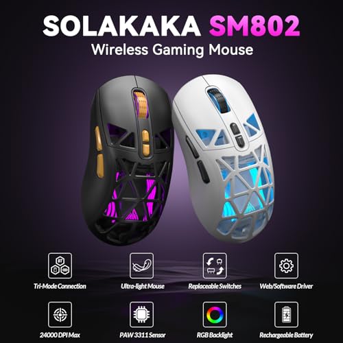 Image of CORBOBO SOLAKAKA SM802 Wireless Gaming Mouse,24,000 DPI Max,Tri-Mode 2.4GHz /BT /Wired USB Rechargeable Gamer Mouse with RGB,Programmable Macro Buttons,68g Lightweight Computer Mouse for Laptop /PC /Mac
