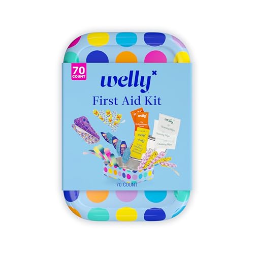 Welly First Aid Kit - Adhesive Bandages in Flexible Fabric and Waterproof, Singe Use Ointments (Triple Antibiotic, Cleansing Wipes and Hydrocortisone) - 70 Count
