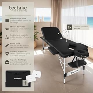 tectake® Table de Massage Pliante Professionnelle 3 Zones Aluminium Cosmetique Lit de Massage Table Esthetique Tatouage Portable avec Appuie-tête Amovible Repose Bras, Housse de Transport Incluse